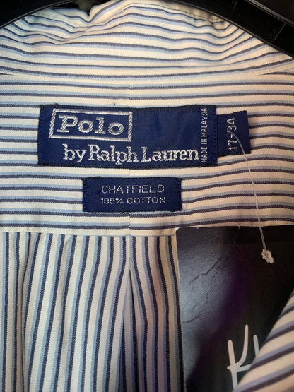 Men’s Vintage Polo Ralph Lauren Blue White Striped Button-Up Shirt