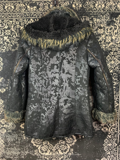 Women's Y2K Black Patterned Jacket with Faux Fur Trim