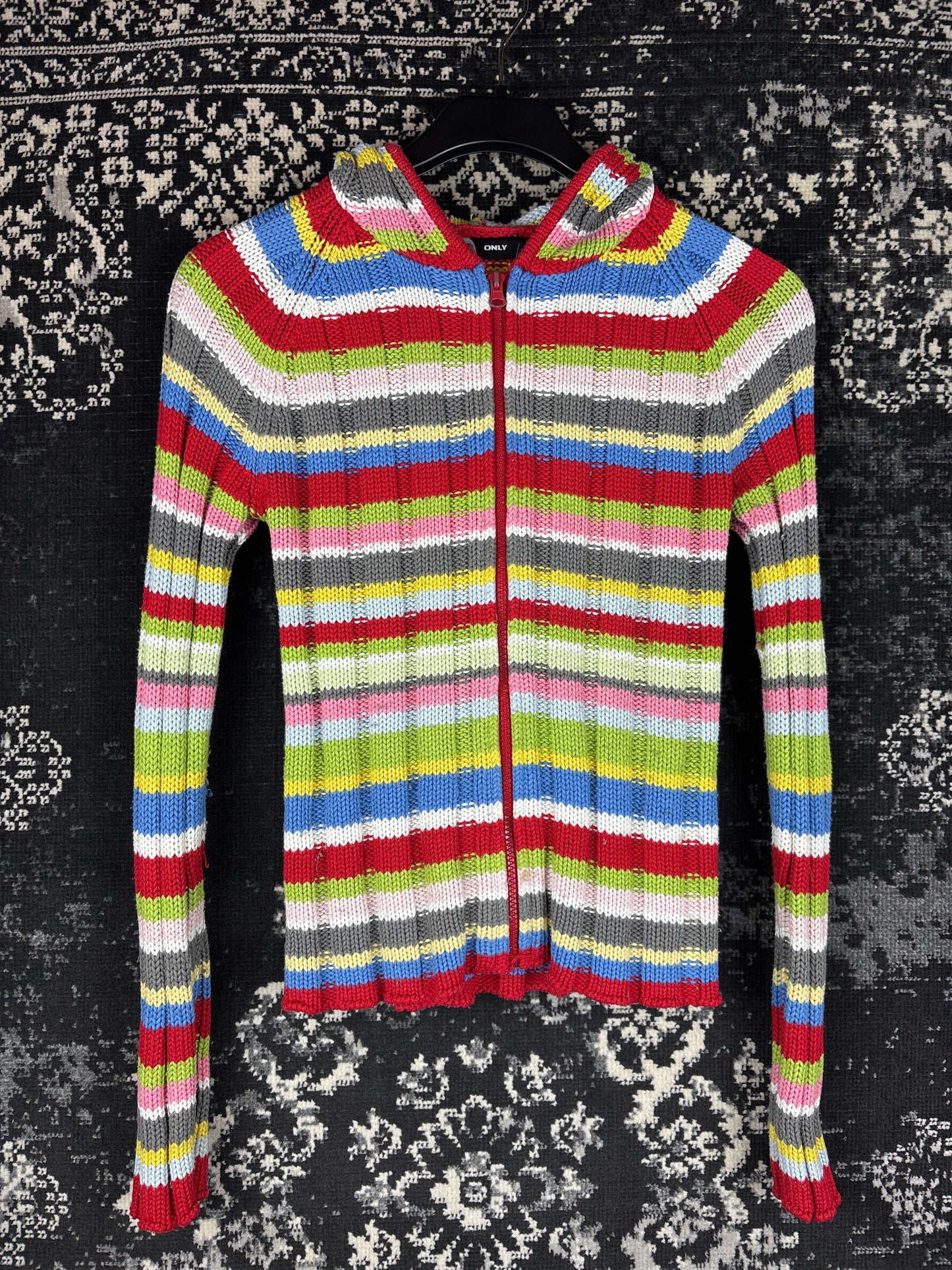 Women's Y2K ONLY Multicolor Striped Zip-Up Knit Hoodie Sweater