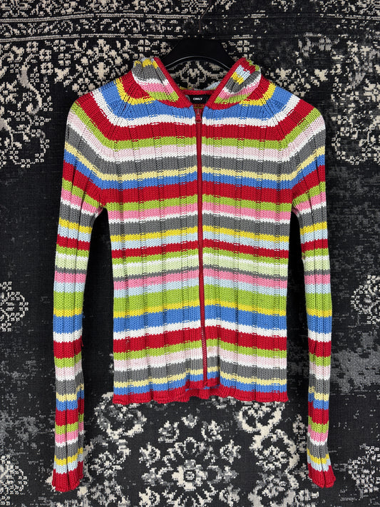 Women's Y2K ONLY Multicolor Striped Zip-Up Knit Hoodie Sweater