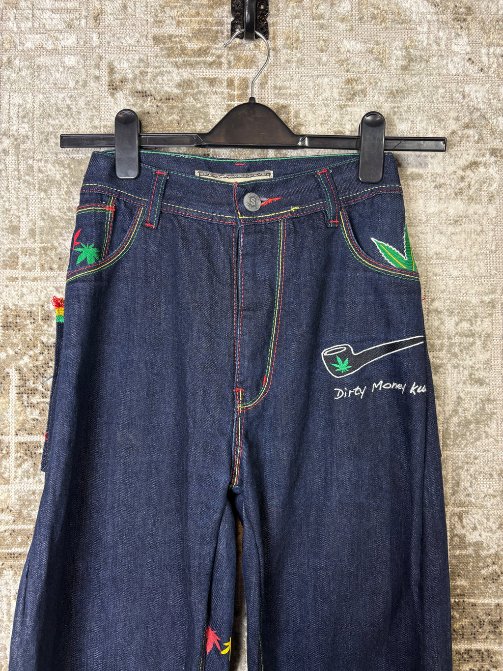 Dirty Money Kush Rasta Embroidered Baggy Jeans