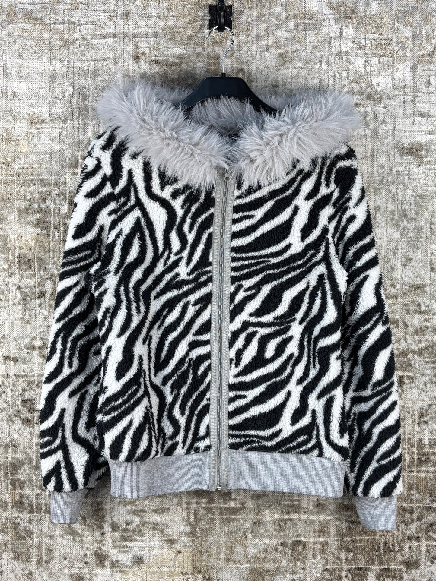 Unisex Y2K Zebra Print Faux Fur Hoodie