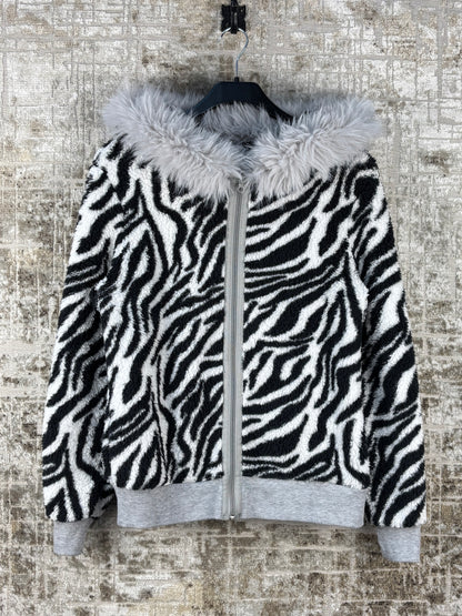 Unisex Y2K Zebra Print Faux Fur Hoodie