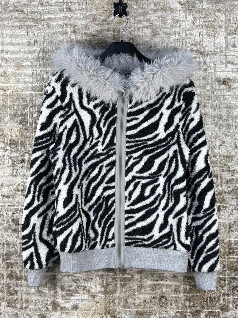 Unisex Y2K Zebra Print Faux Fur Hoodie