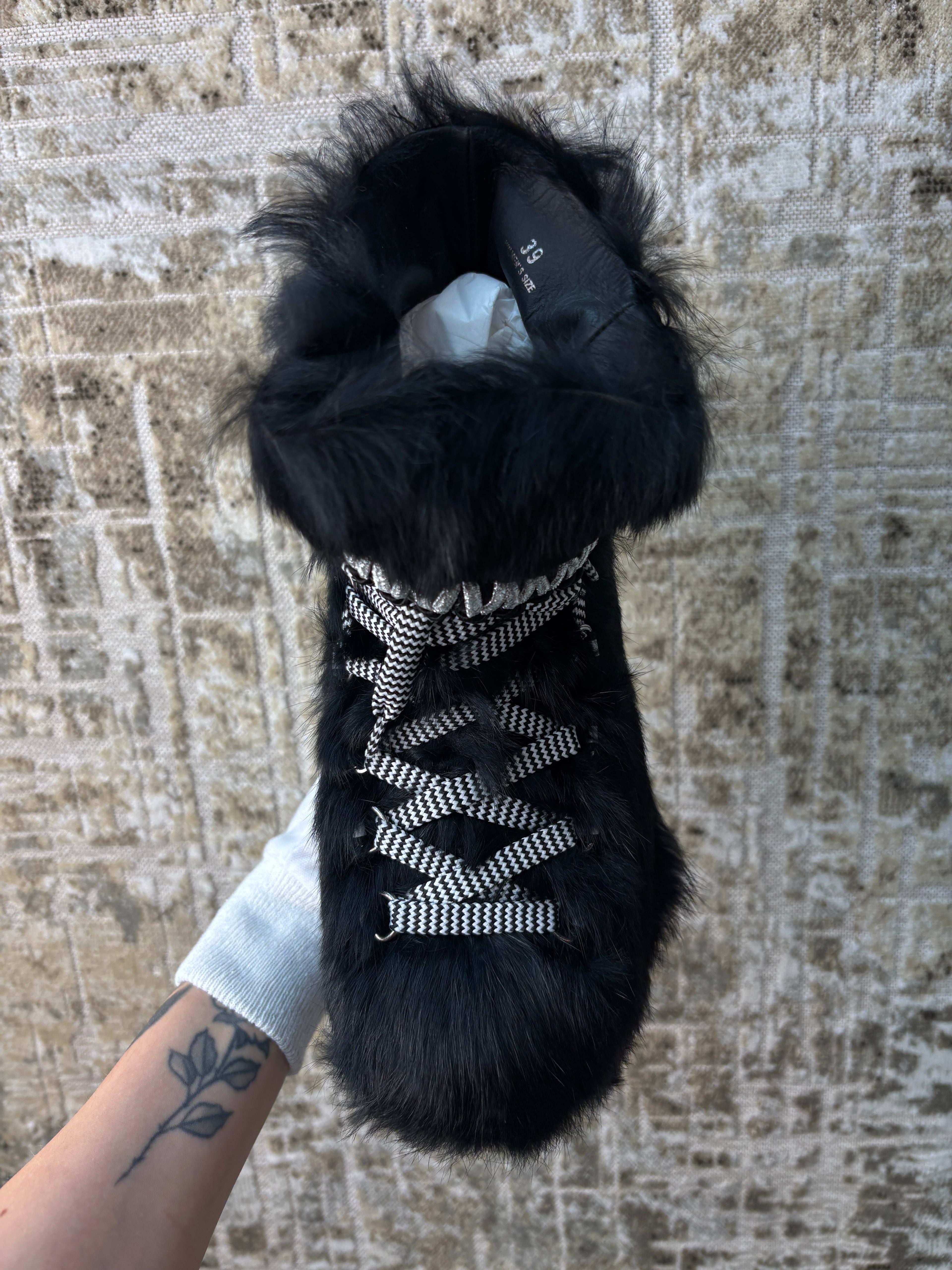 Hogan Black Fur Trimmed Lace-Up Boots
