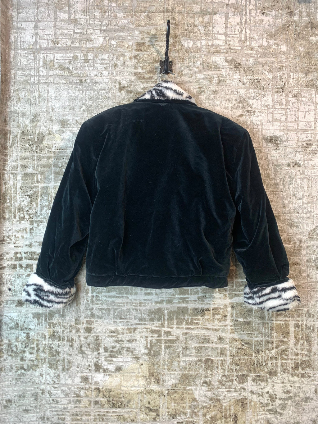 Vintage Velvet Zebra Faux Fur Trim Jacket