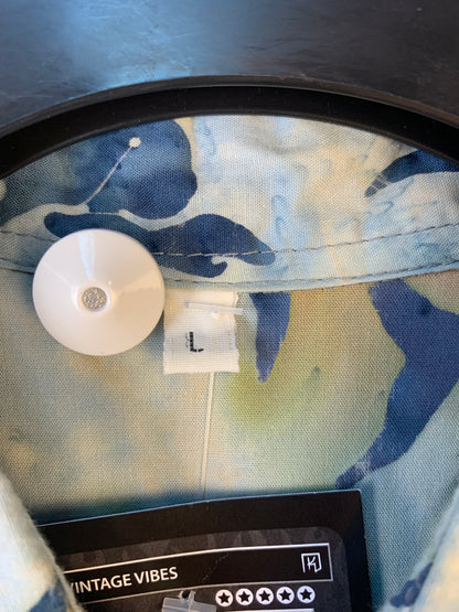 Mens Y2K Fish Print Blue Beige Button Up Shirt
