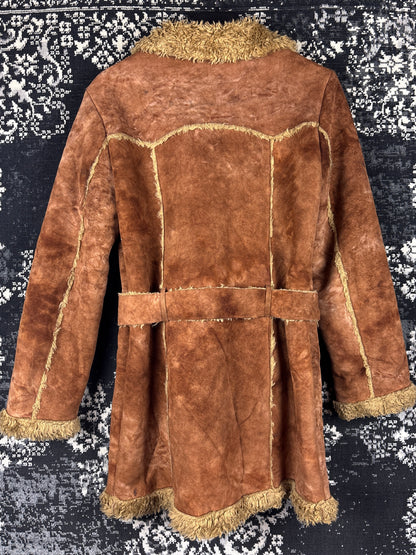 Women's Y2K Caramel Brown Suede Coat with Faux Fur Trim