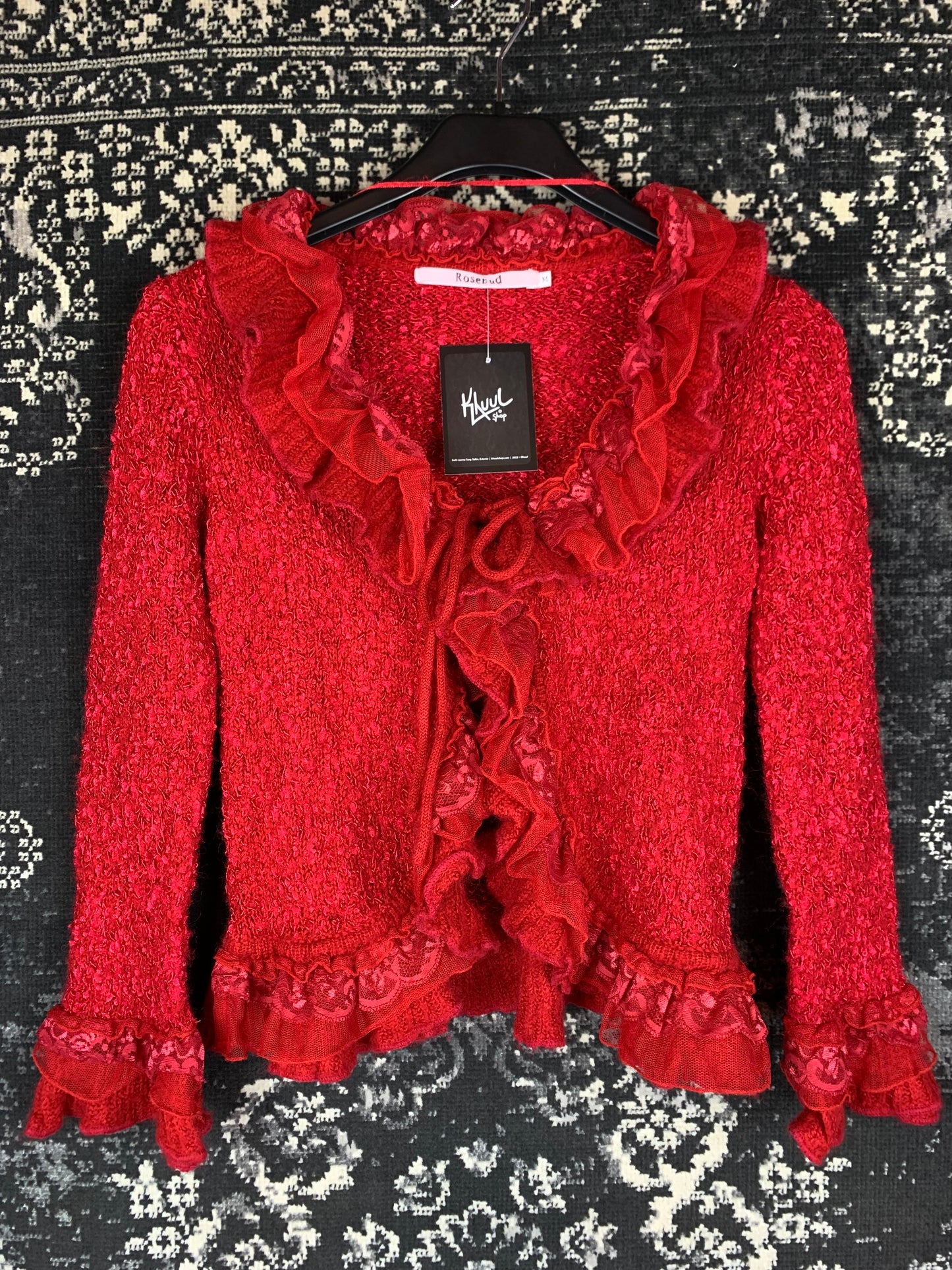 Romantic Vintage Red Knit Cardigan with Ruffle Trim