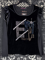 Women's Y2K Black Velvet Longsleeve Top with Beaded Front