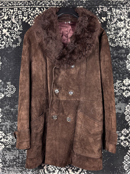 Unisex Vintage Dark Brown Suede Coat with Faux Fur Trim