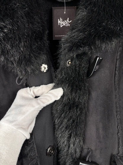 Women's Y2K Black Suede Duffle Coat wih Faux Fur Trim