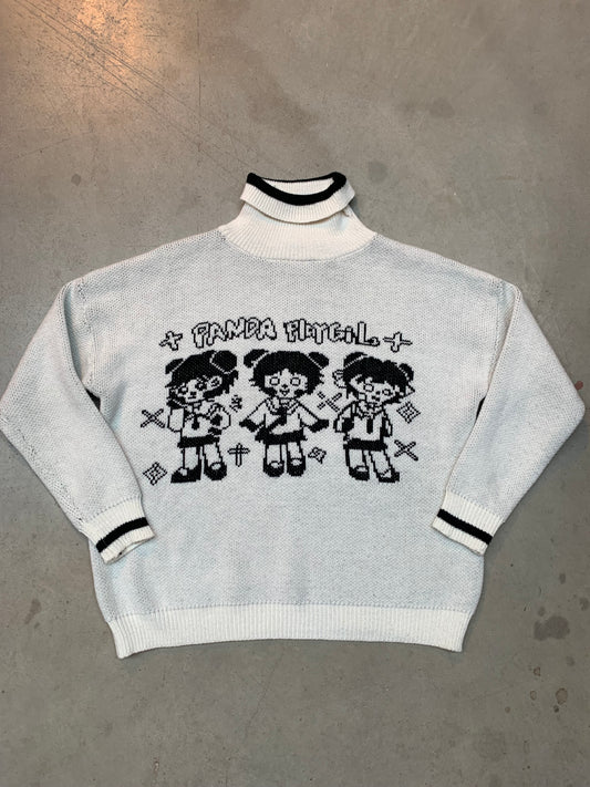 Y2K Men's Graphic Knit Sweater with Panda Pigtail Cartoon Design