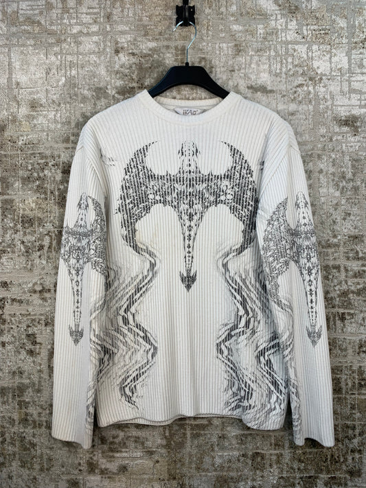 Mens Y2K White Graphic Knit Sweater
