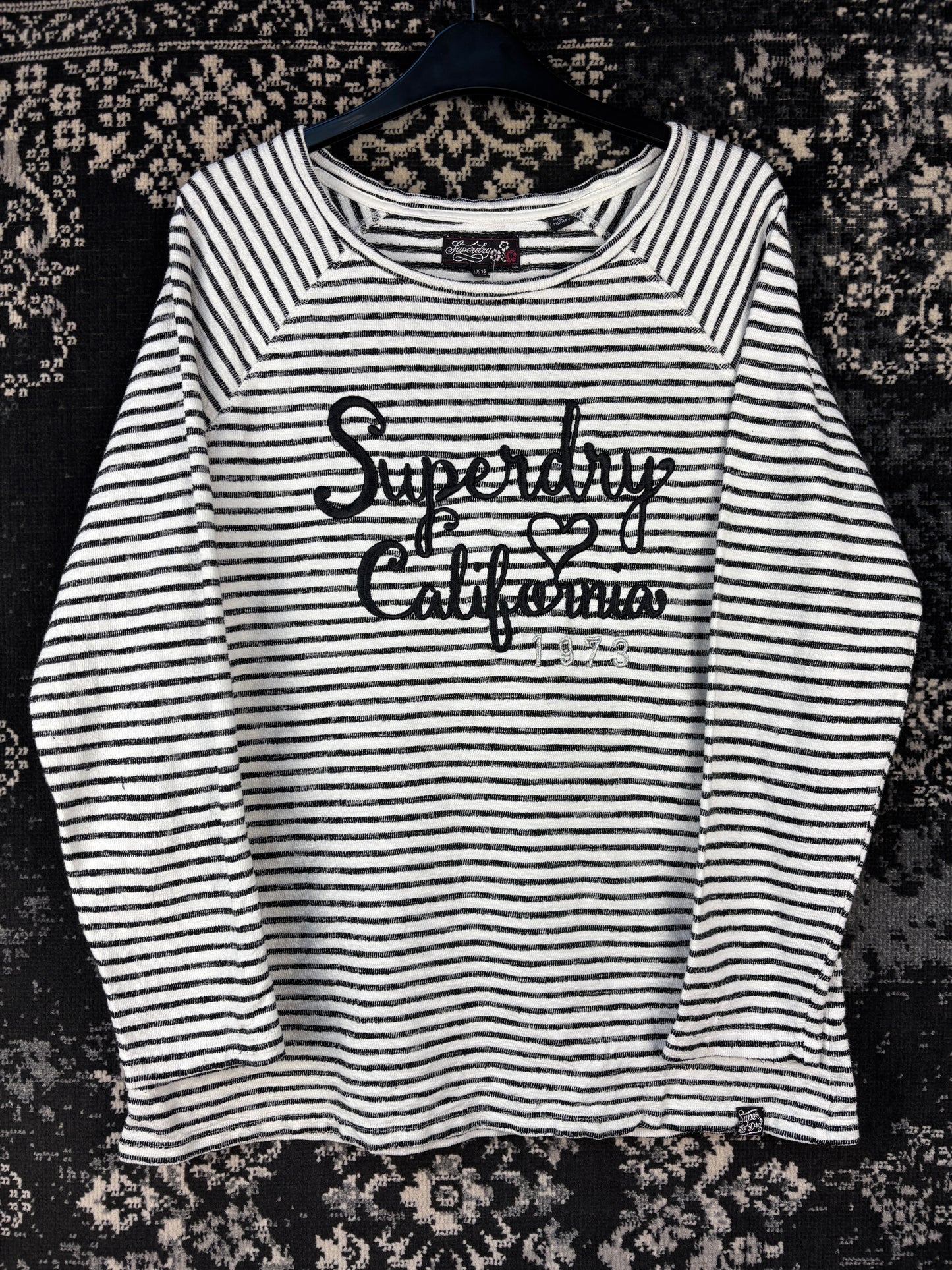 Womens Y2K Black and White Striped Superdry Long Sleeve Sweater