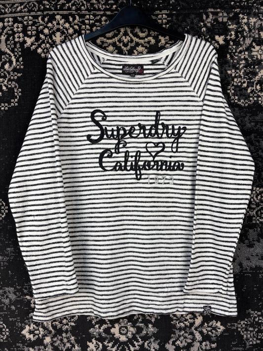 Womens Y2K Black and White Striped Superdry Long Sleeve Sweater