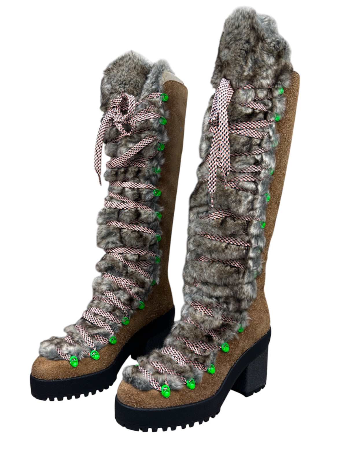 Hogan Fur Trimmed Lace Up Knee High Boots