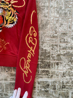 Womens Ed Hardy Red Rhinestone Cropped Zip Hoodie