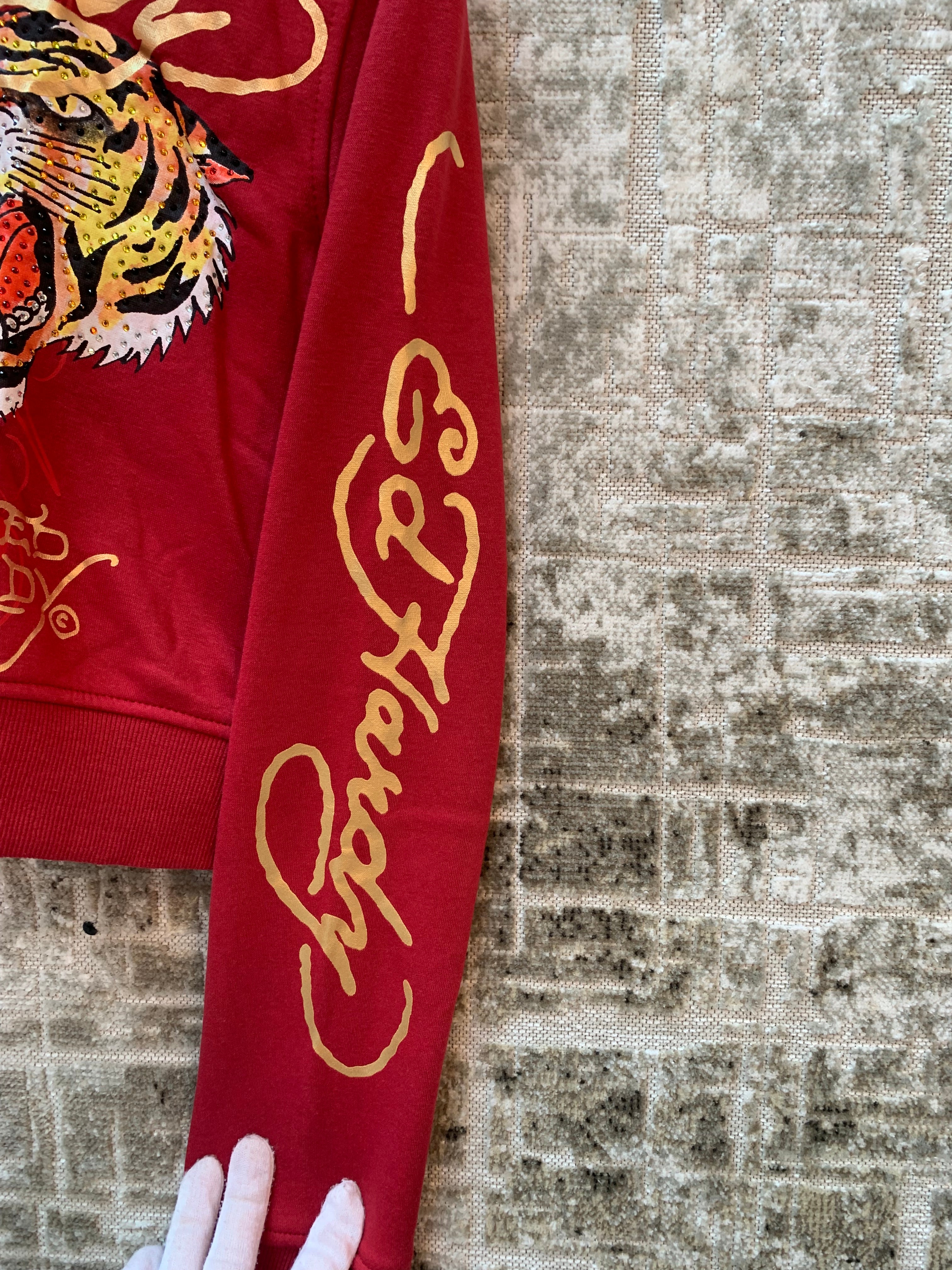 Womens Ed Hardy Red Rhinestone Cropped Zip Hoodie