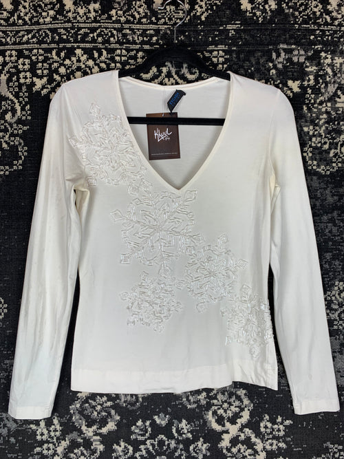 Women's Y2K White Beaded Long Sleeve Top