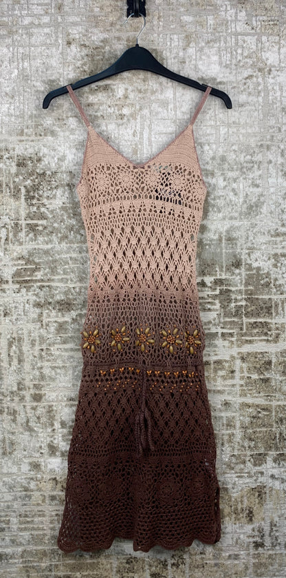 Womens Y2K Brown Ombre Crochet Midi Dress