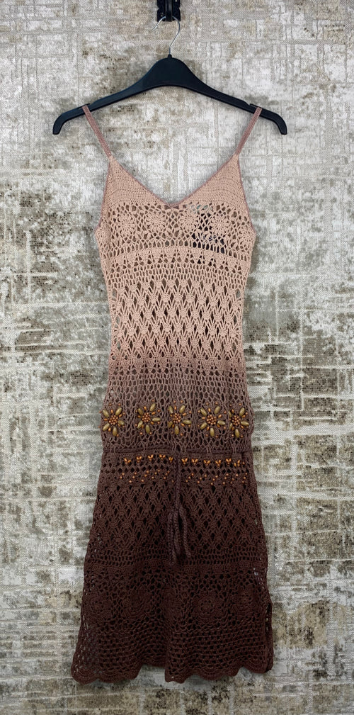 Womens Y2K Brown Ombre Crochet Midi Dress
