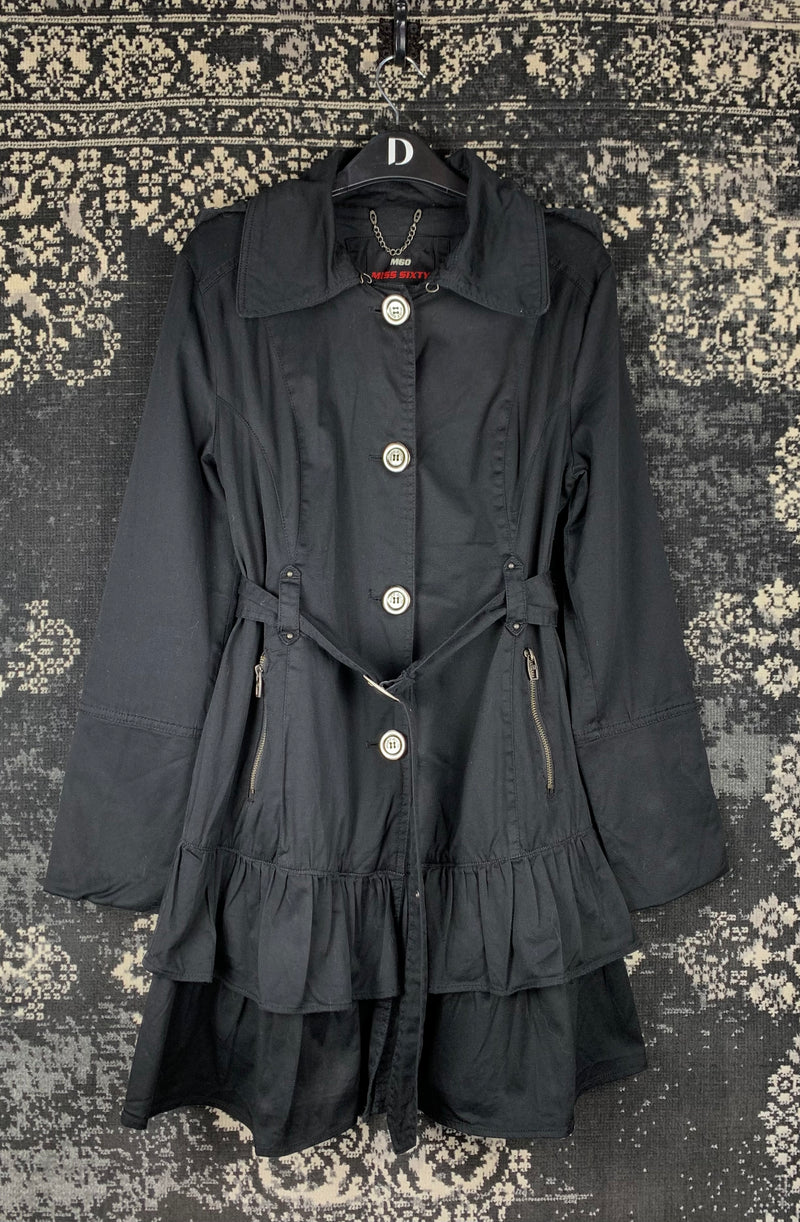 Women's Y2K Black Ruffled Button-Up Belted Trench Style Dress