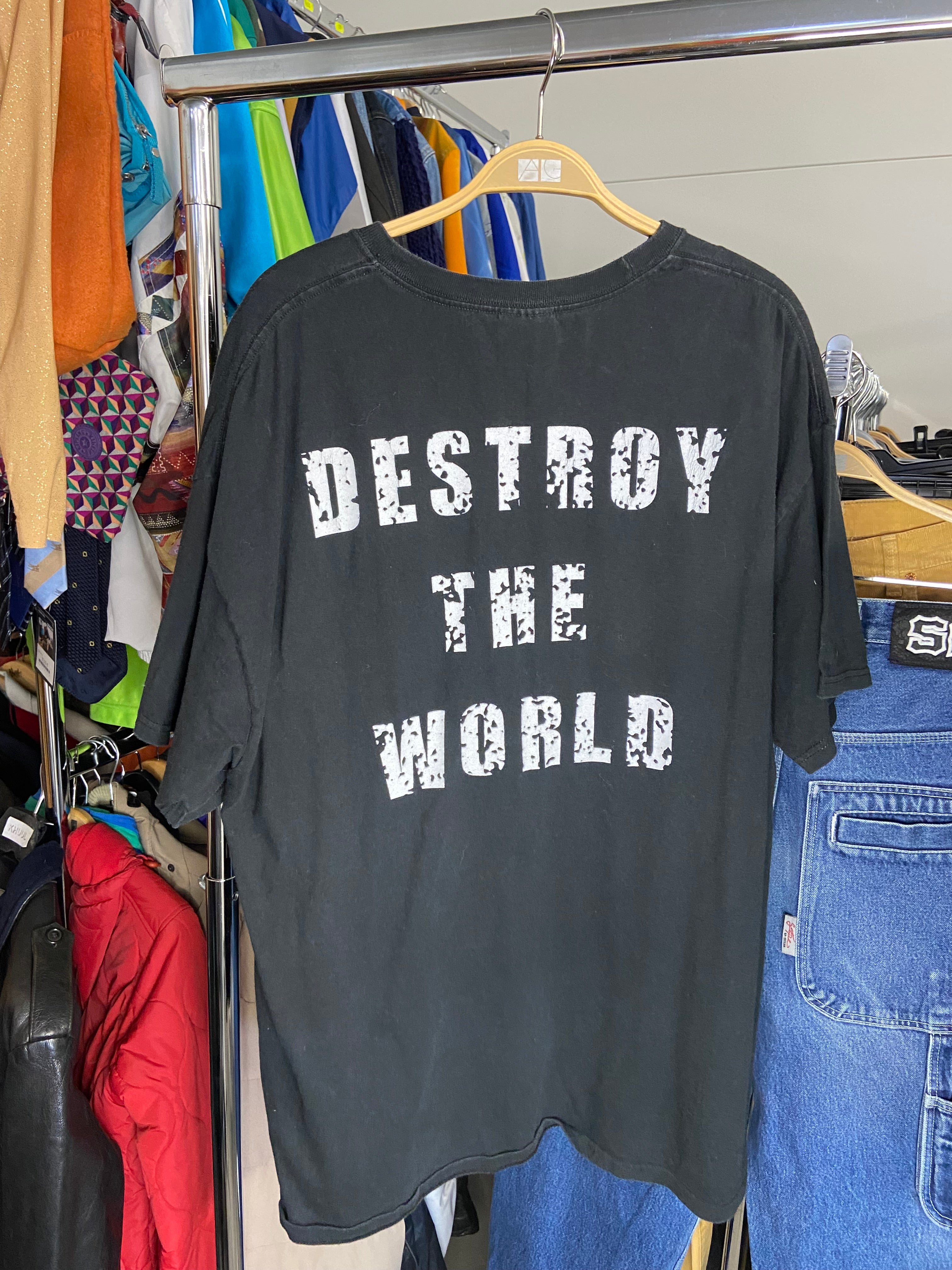 Vintage Destroy The world Short Sleeve Shirt XL Mens Black Cotton