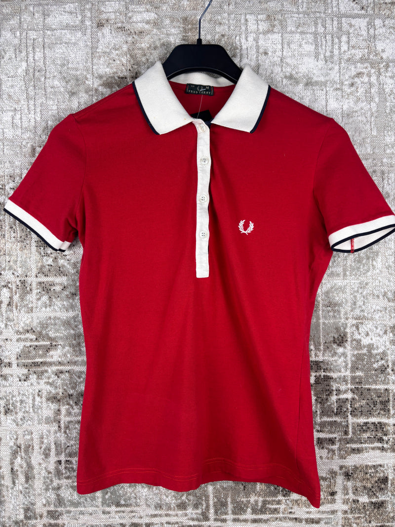 Women's Fred Perry Red Polo Shirt Classic Logo Embroidered Cotton Top