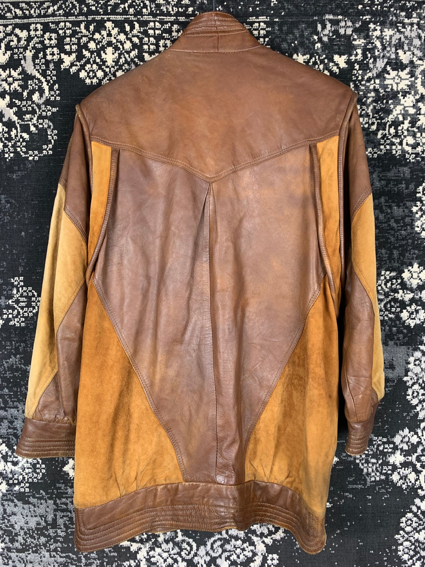 Men's Vintage Mix Patterned Brown Leather Jacket