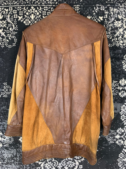Men's Vintage Mix Patterned Brown Leather Jacket