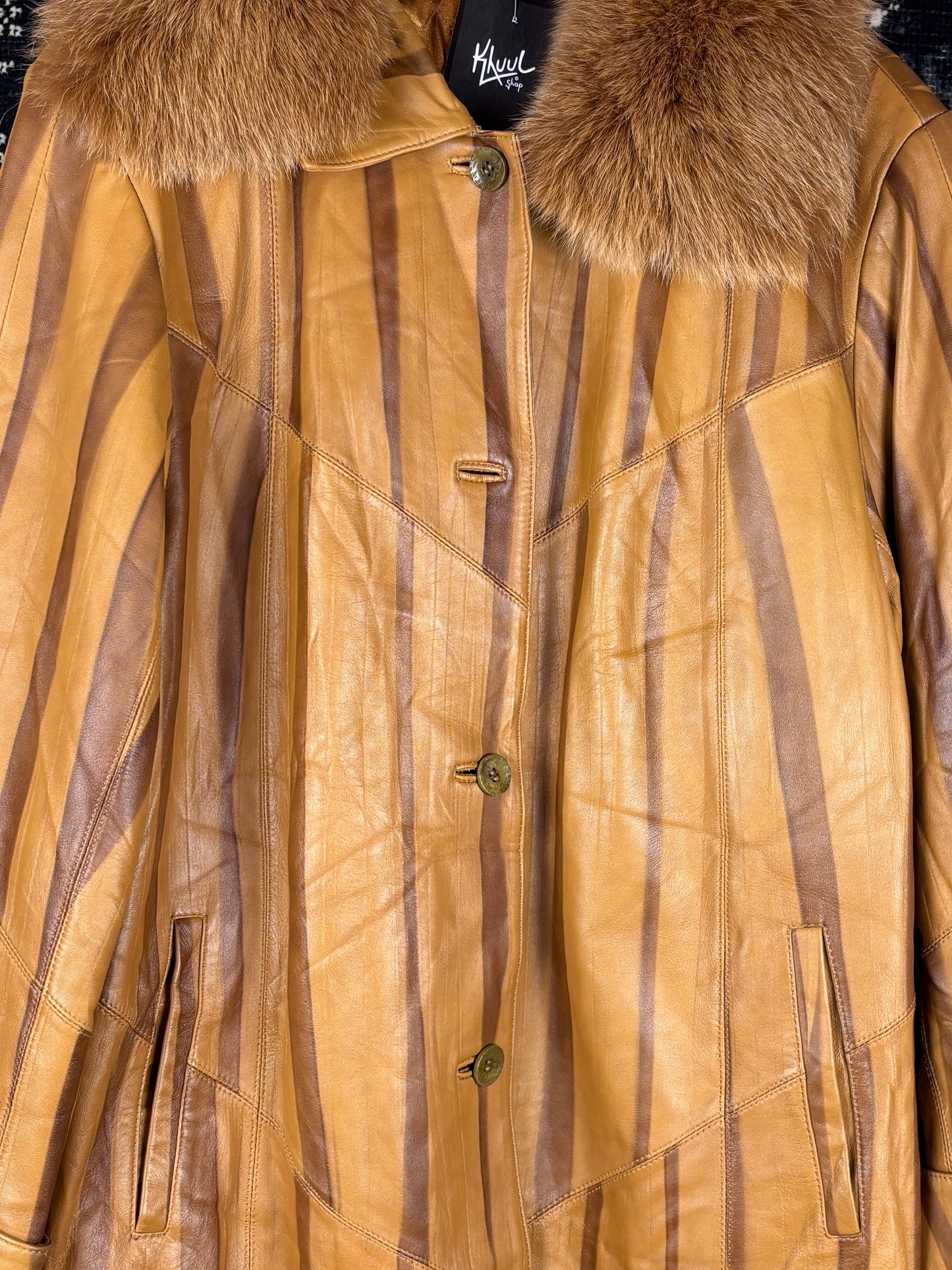 Women's Y2K Caramel Brown Funky Striped Leather Coat