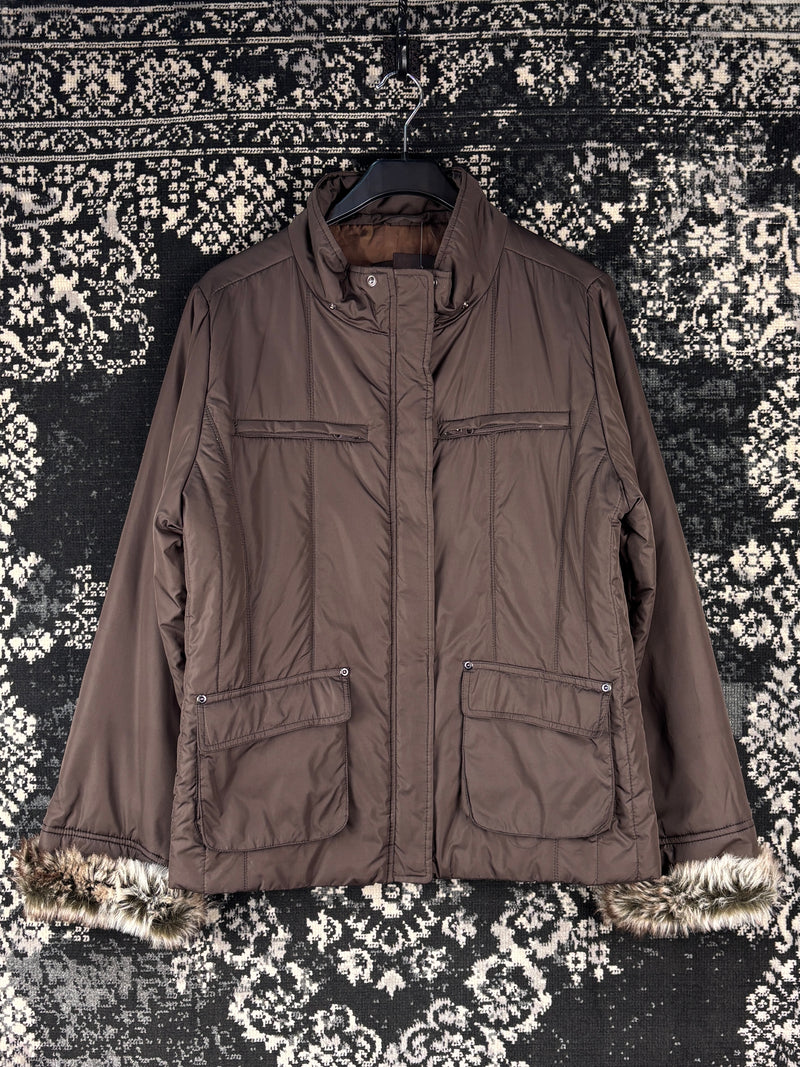 Women's Y2K Style Brown Puffer Jacket with Faux Fur Trim