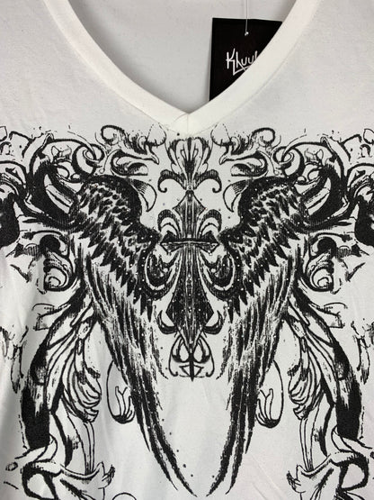 Y2K Style White V-Neck Graphic T-Shirt