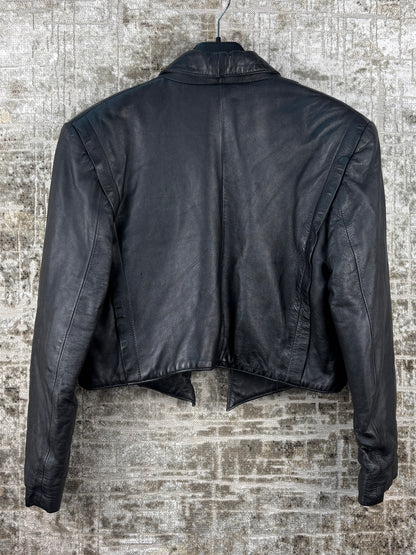 Womens Vintage Black Leather Cropped Blazer