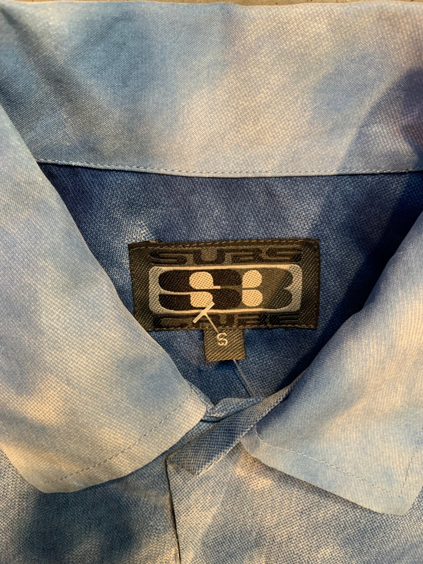 Y2K “Subs Cribe” Blue Pattern Button-Up Shirt