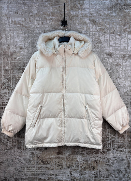 Womens White Puffer Jacket Faux Fur Hood Vintage Cream Winter Coat