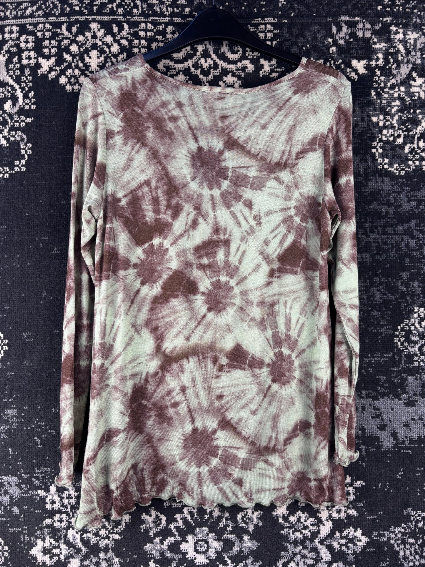 Womens Vintage Green Brown Tie Dye Long Sleeve Shirt