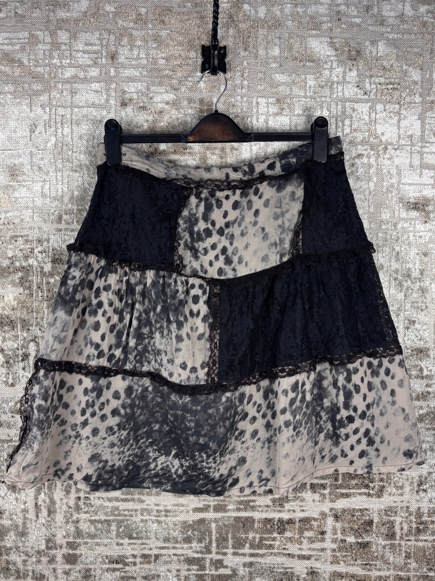 Womens Y2K Black Grey Leopard Print Lace Midi Skirt