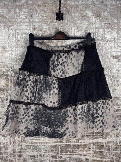 Womens Y2K Black Grey Leopard Print Lace Midi Skirt