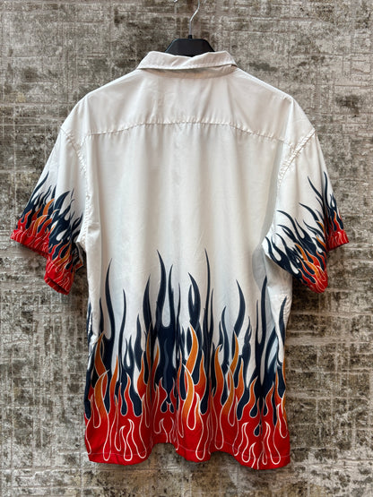 Men's Y2K White Santino Flame Print Button Up Shirt