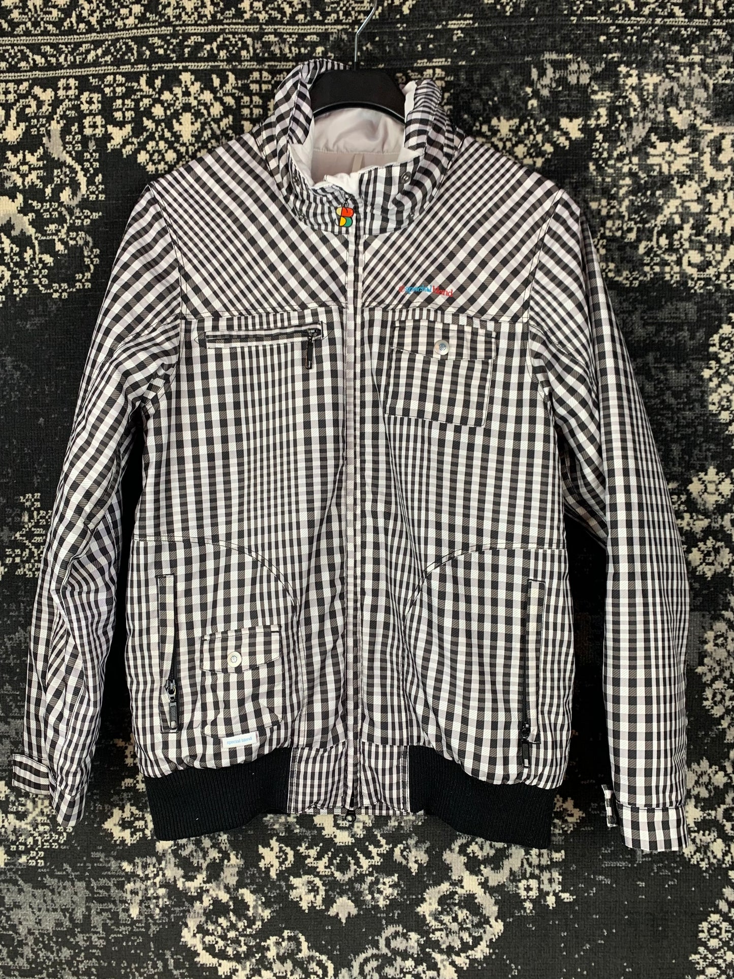 Mens Y2K Vintage Black and White Checkered Zip-Up Bomber Jacket