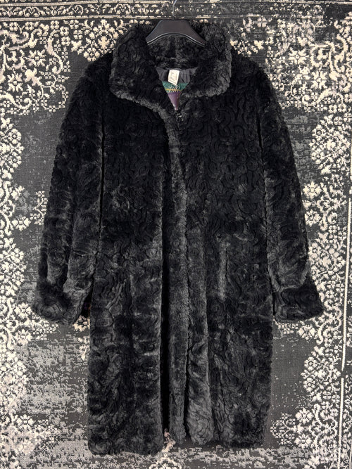 Women's Vintage Black Swirl Patterned Faux Fur Coat