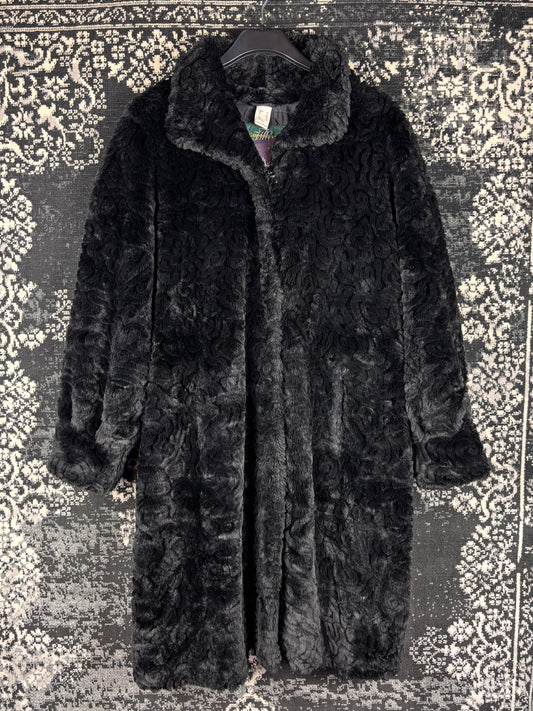 Women's Vintage Black Swirl Patterned Faux Fur Coat