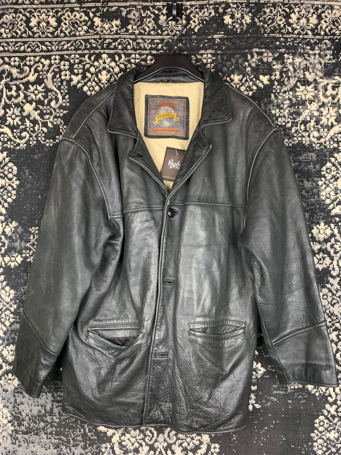 Men's Vintage Long Black Leather Jacket by Trapper
