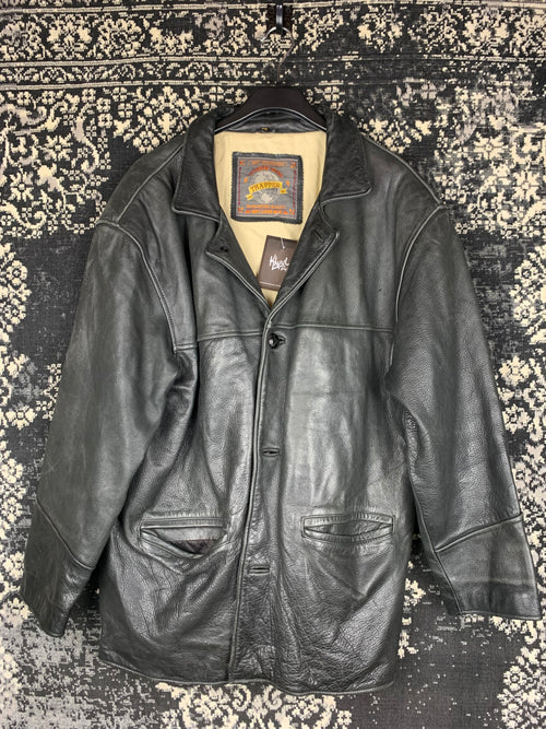 Men's Vintage Long Black Leather Jacket by Trapper