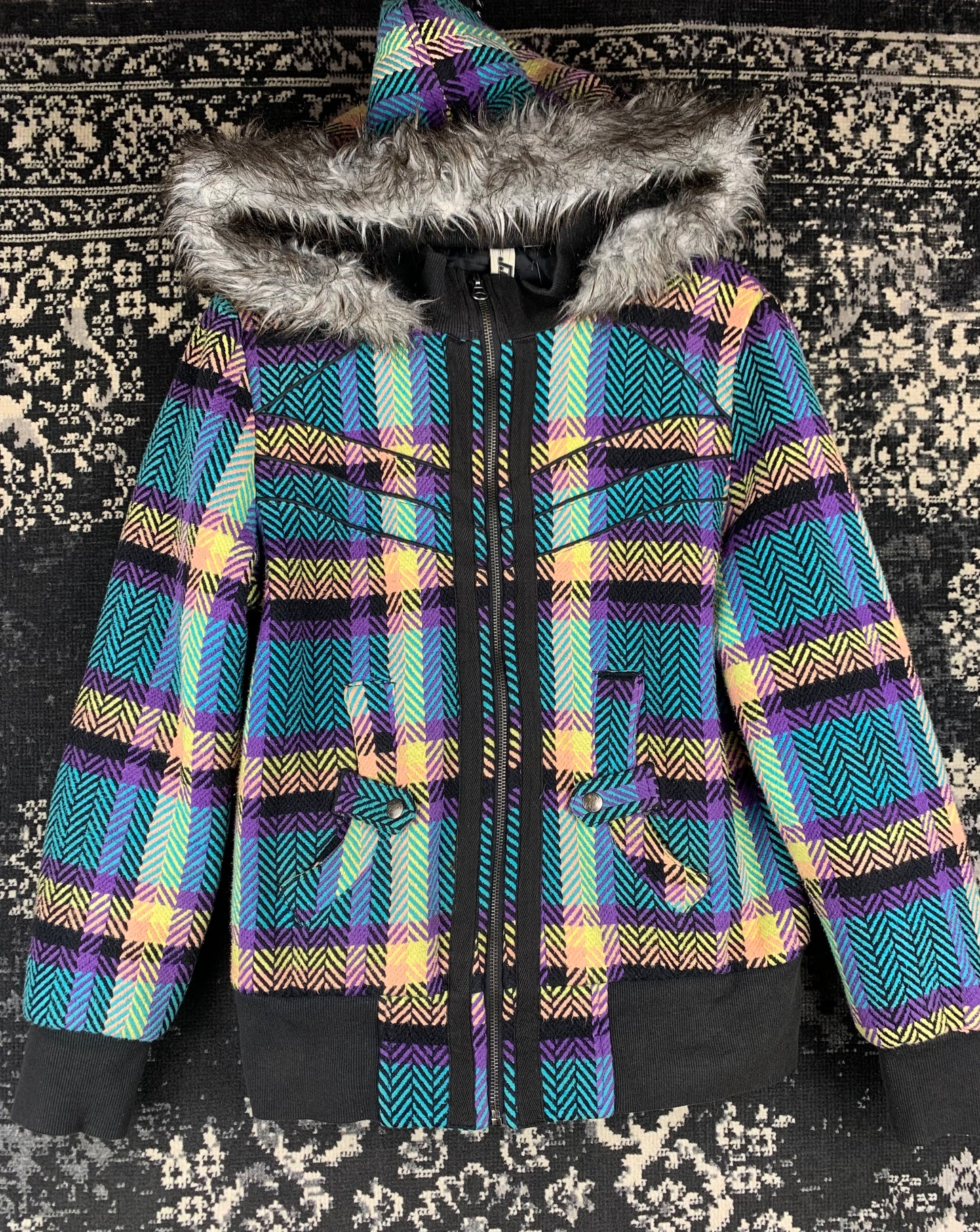 Womens Vintage Purr Multicolored Fur Trim Zip Up Jacket