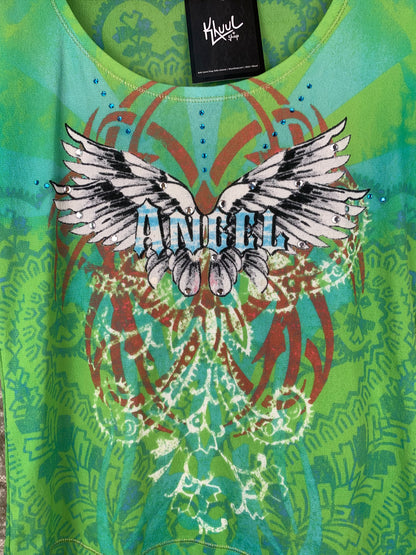 Women's Y2K Jette Green Rhinestone Angel Graphic T Shirt