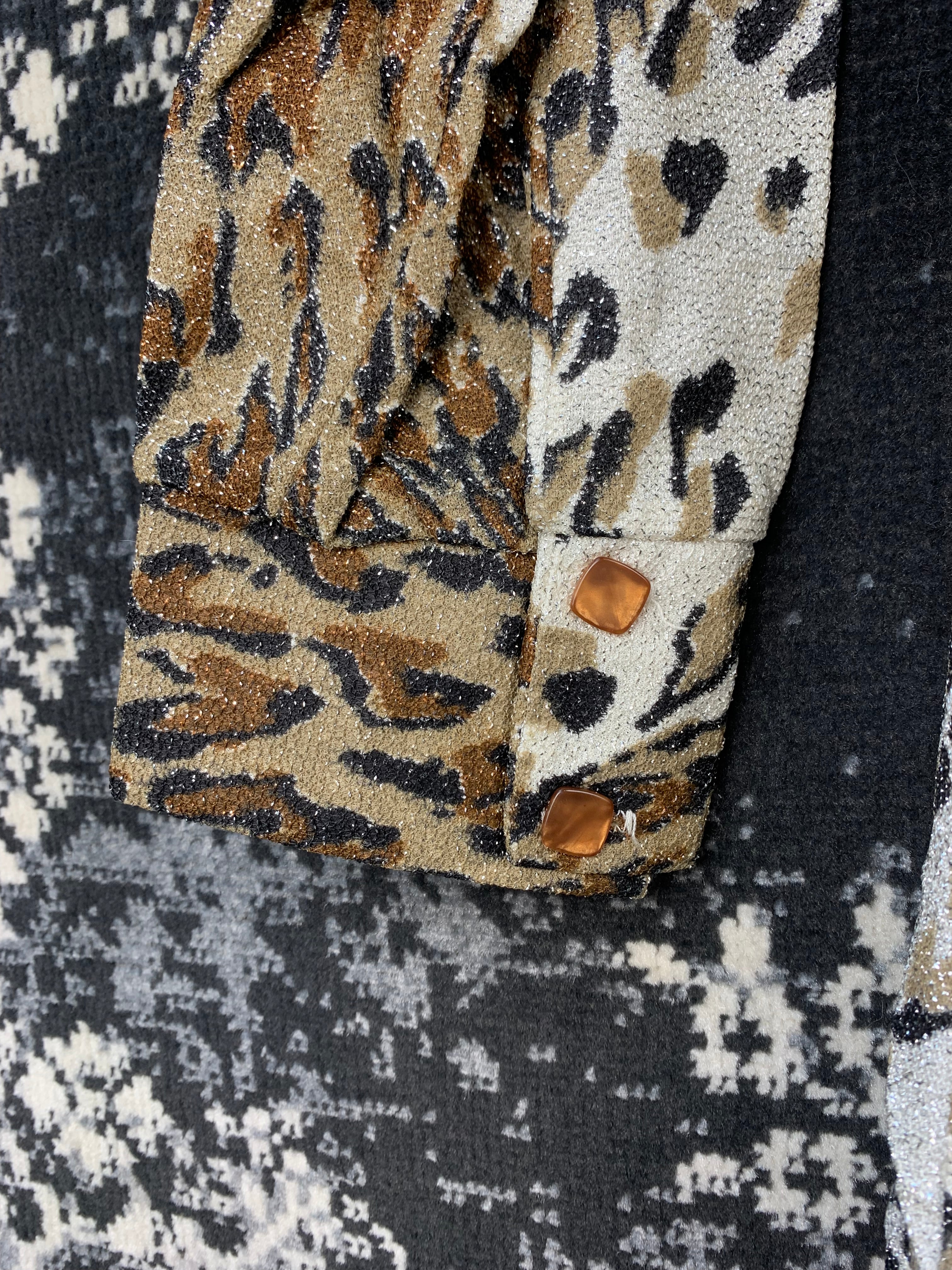 Women's Vintage Leopard Print Shirt Sparkly V Neck Button Up Blouse