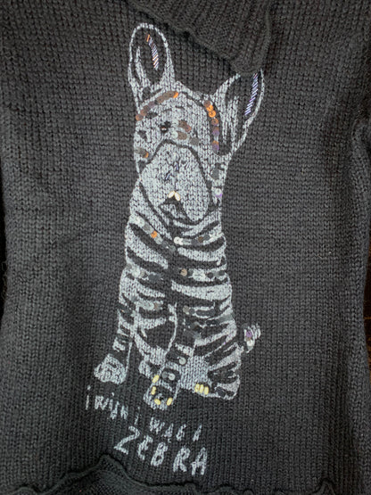 Women's Black Y2K Dog Print Beaded Sequin Knit Sweater